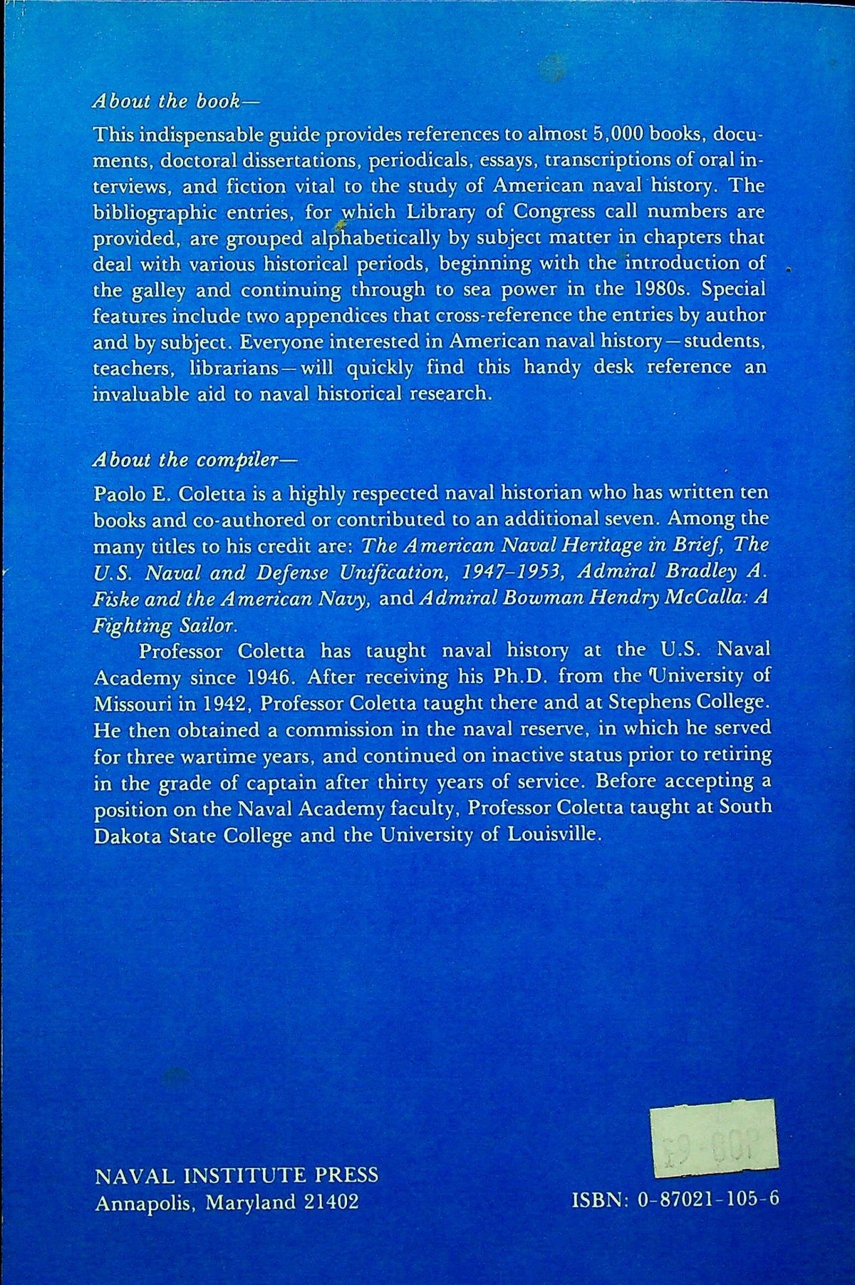 A Bibliography of American Naval History by Paolo Coletta: NEW 1981 1st Edition Soft Cover