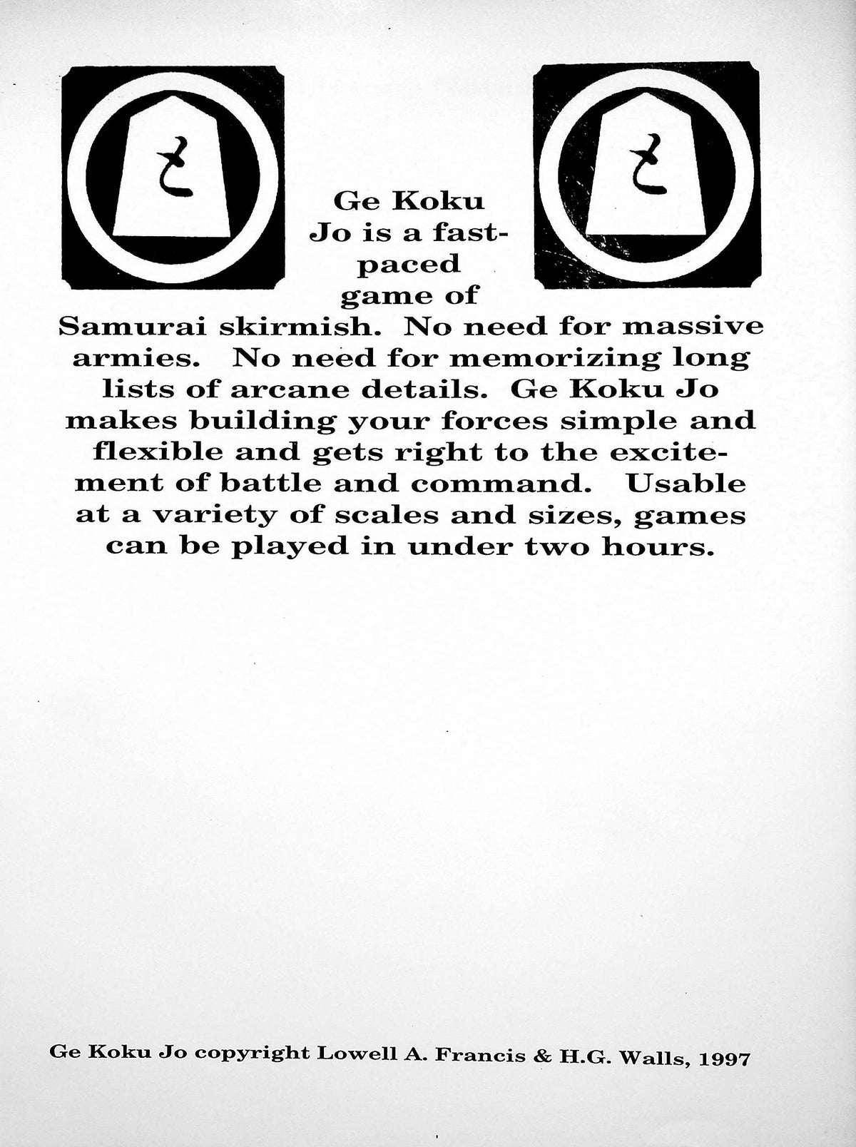 Ge Koku Jo: Miniatures Rules for Samurai Warfare/ 1997 1st Edition/ New