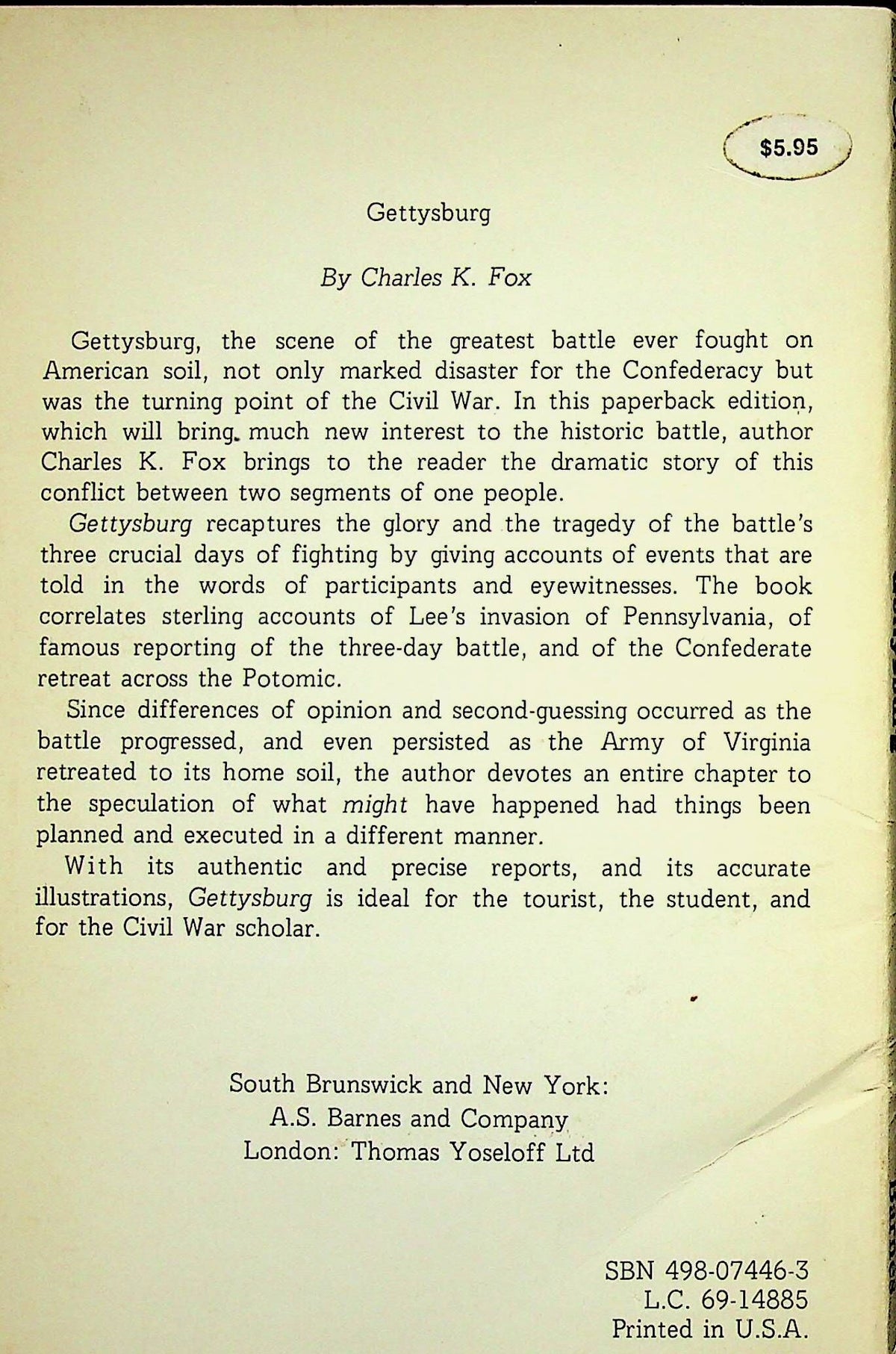 Gettysburg by Charles K.Fox: 1969 NEW 1st edition paperback