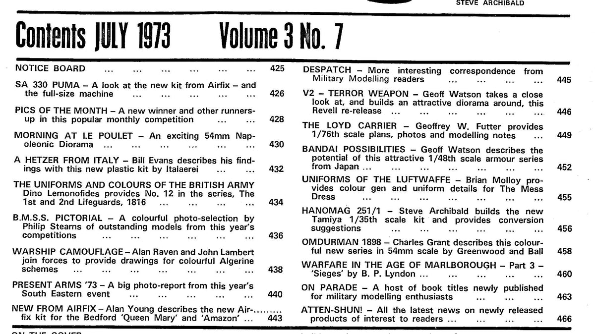 Military Modelling July 1973, Vol.3 #7: Puma Chopper, Lifeguards, Warship Camo, V2 Rocket, Luftwaffe Uniforms, Malborough's Times