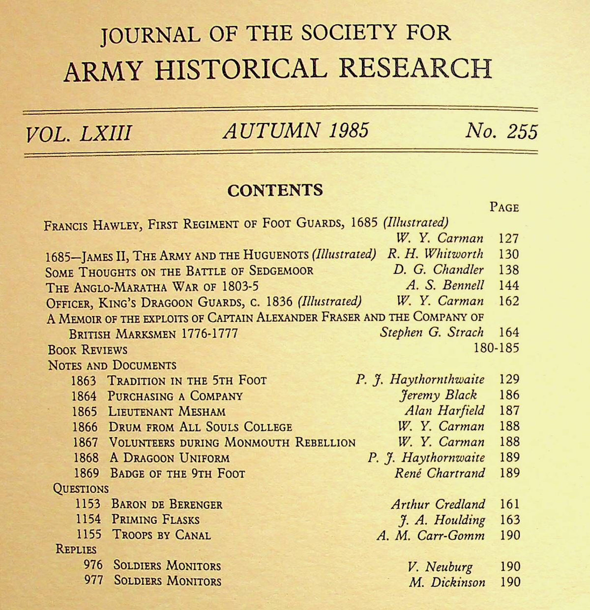 Journal of the Society for Army Historical Research, Autumn 1985; Vol. LXIII #255: NEW