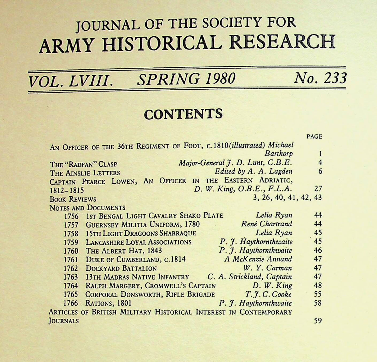 Journal of the Society for Army Historical Research, Spring 1980; Vol. LVIII #233: NEW