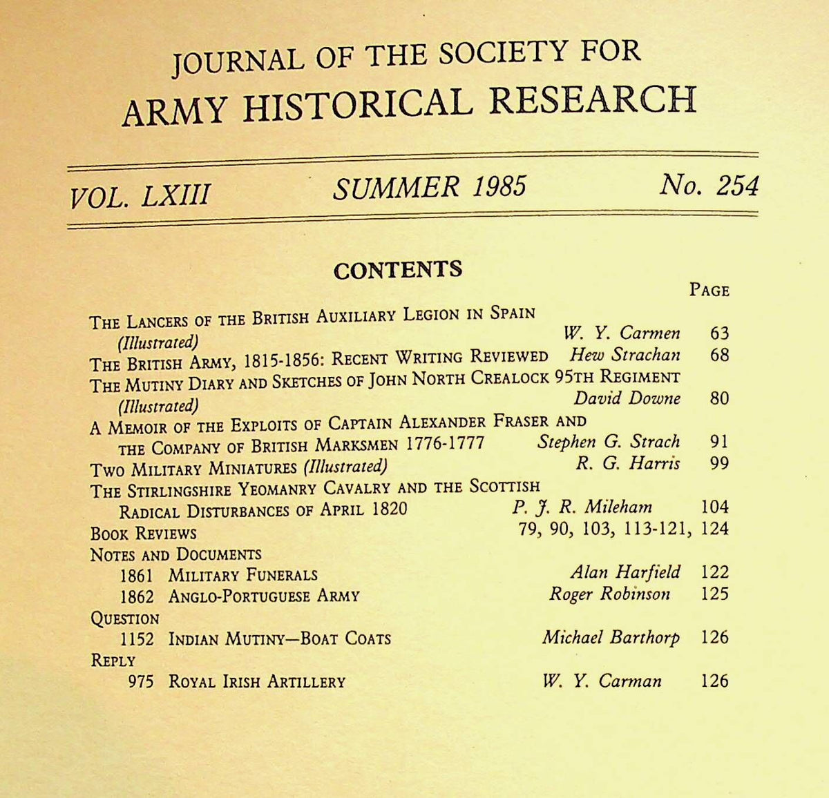Journal of the Society for Army Historical Research, Summer 1985; Vol. LXIII #254: NEW