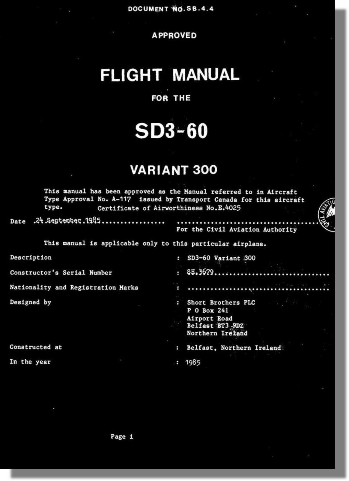 Short 360 STOL Airliner (SD3-60 300) Flight Manual/ pdf Instant Download