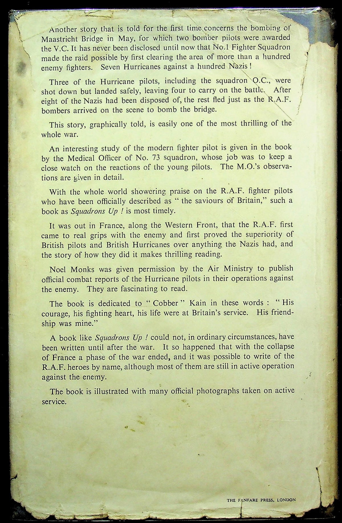 Squadrons Up! by Noel Monks: 1940 First Edition 4th Imp. Hardback in Good Order