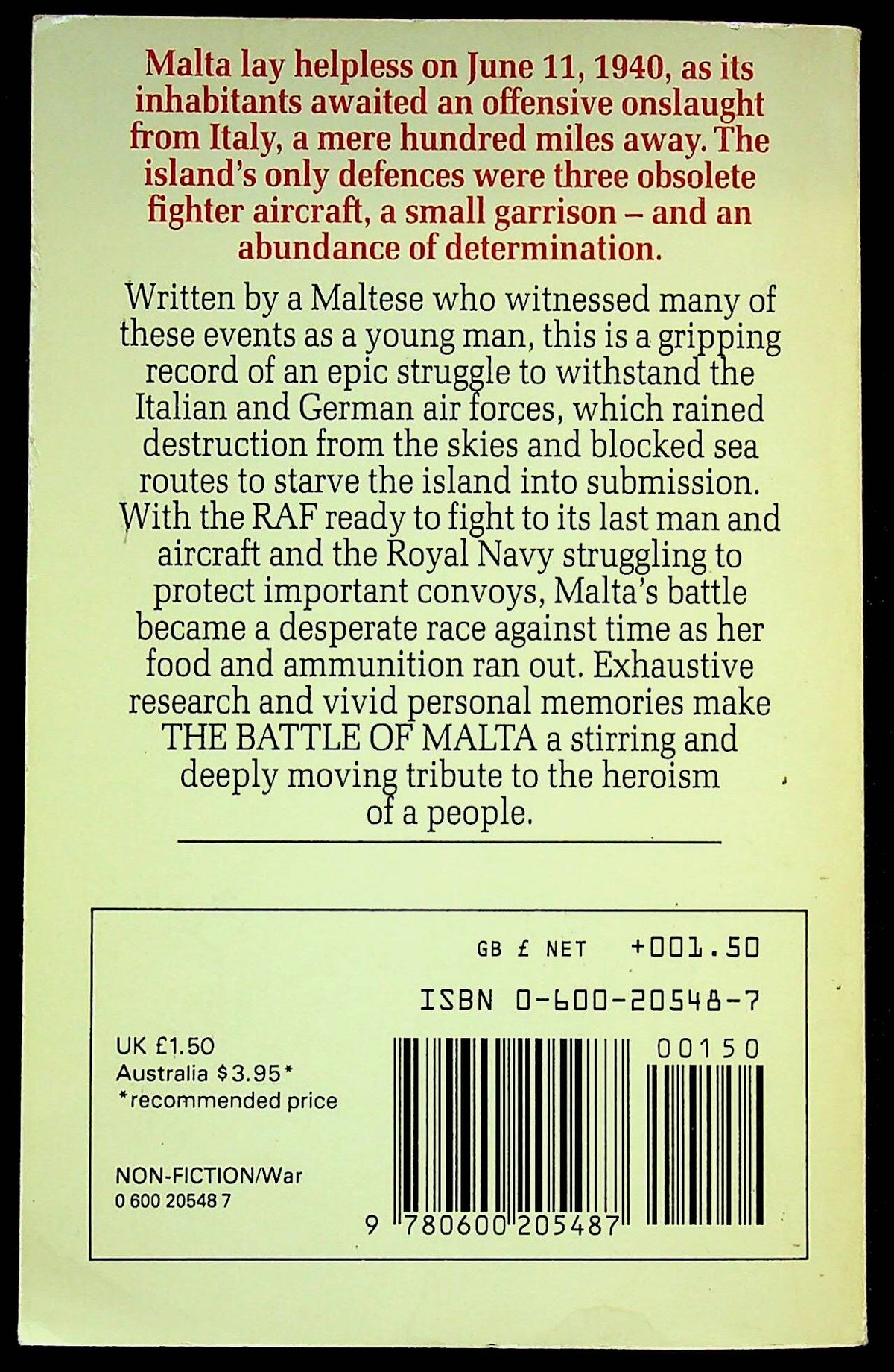 The Battle of Malta by Joseph Attard: NEW 1982 First Edition Paperback