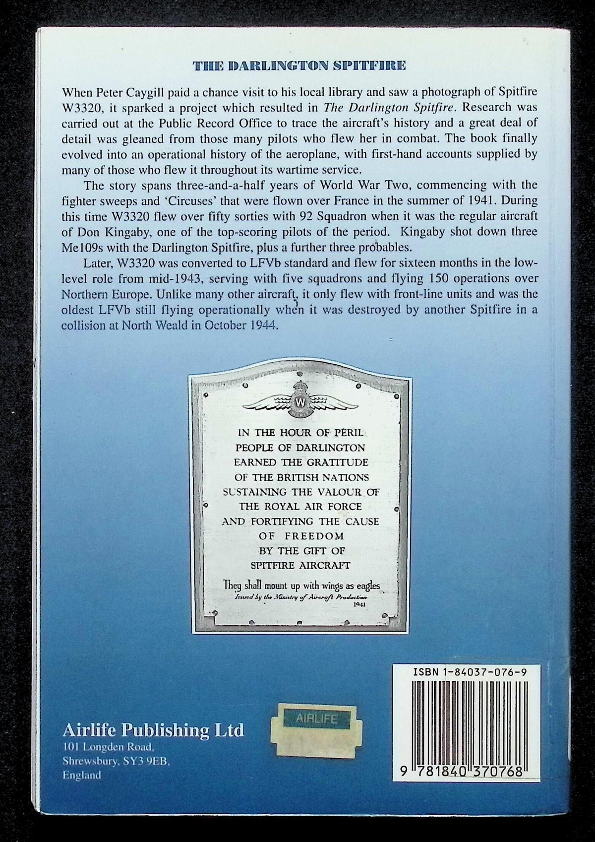 The Darlington Spitfire by Peter Caygill: 1999 First Edition Softcover Trade Paperback