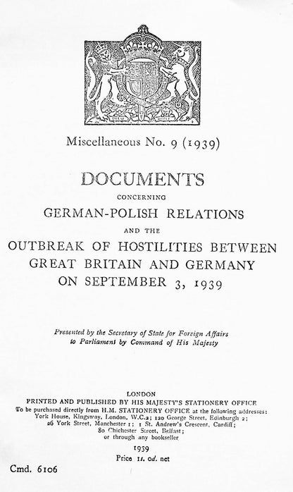 1939 Record of the Official Foreign Office Documents concerning the the Outbreak of WWII