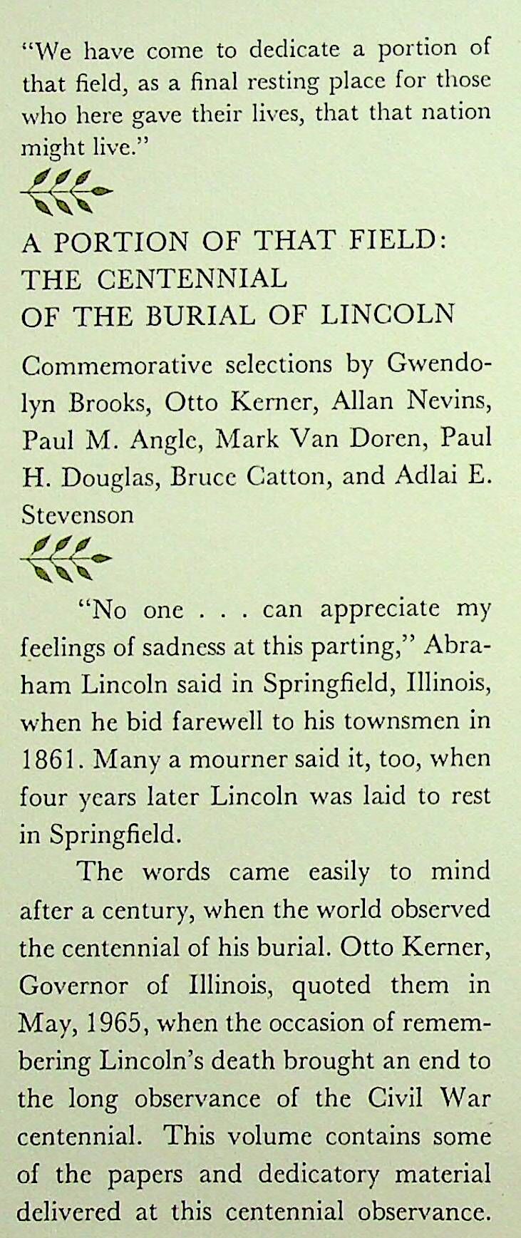 A Portion of the Field - The Centennial of the Burial of Lincoln: 1967 NEW First Edition