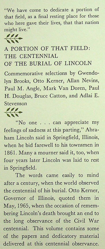 A Portion of the Field - The Centennial of the Burial of Lincoln: 1967 NEW First Edition