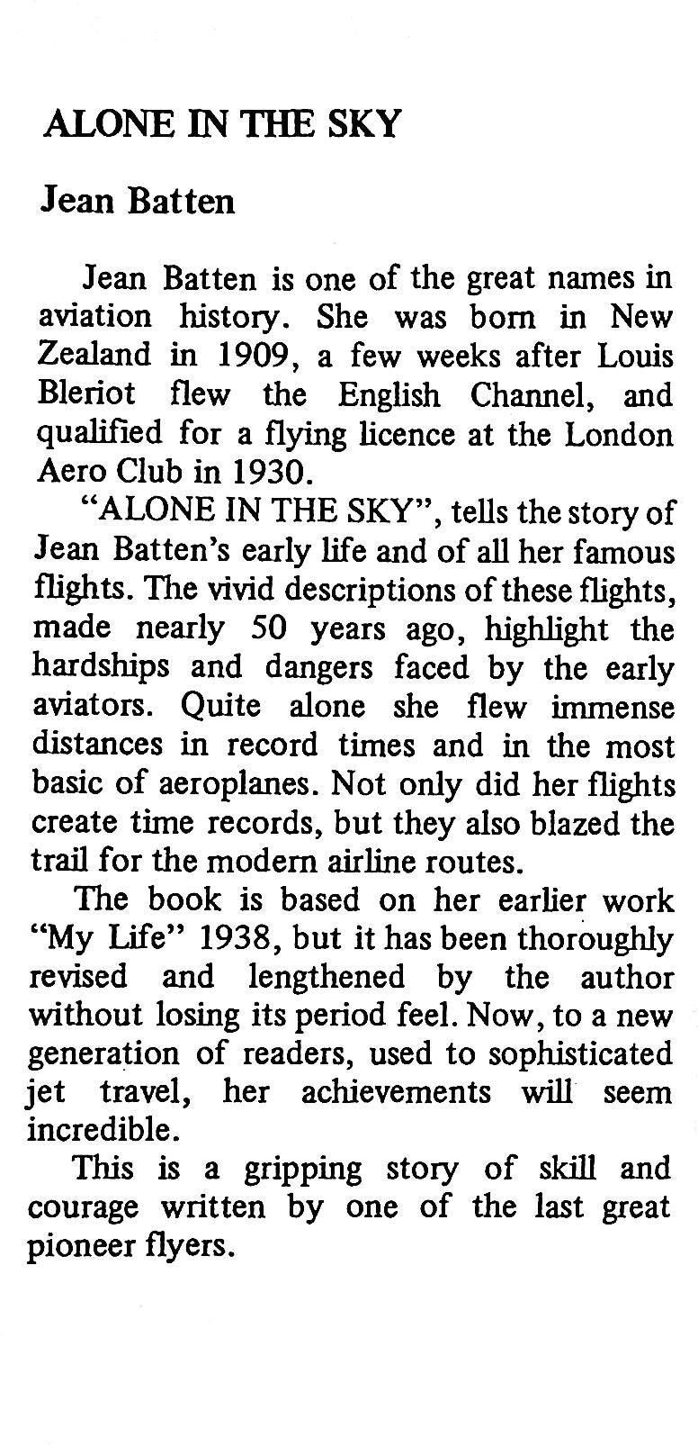 Alone in The Sky by Jean batten 1979 1st edition hardback