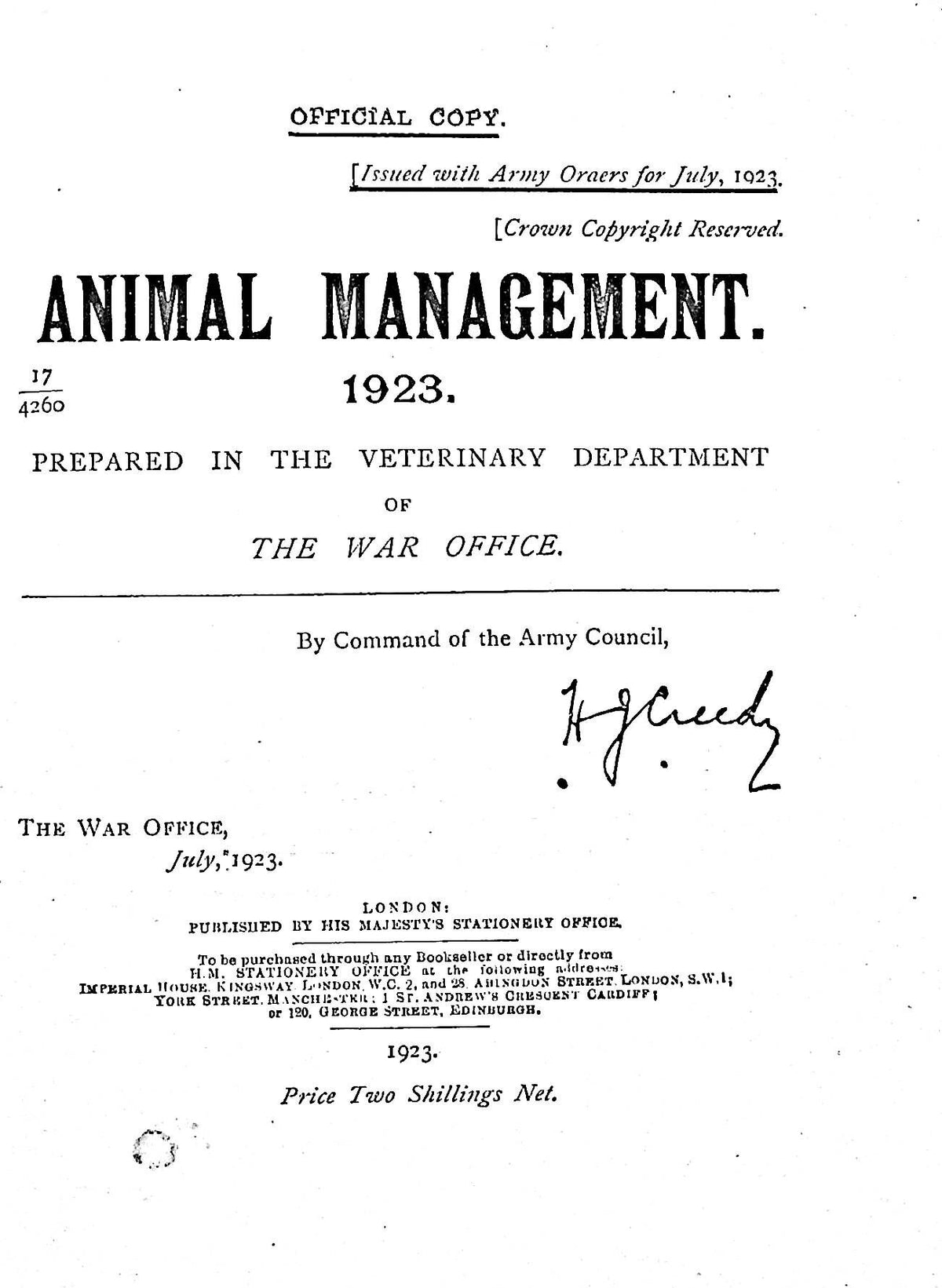 Animal Management by The War Office Veterinary Dept. 1923 Original HMSO Hardback