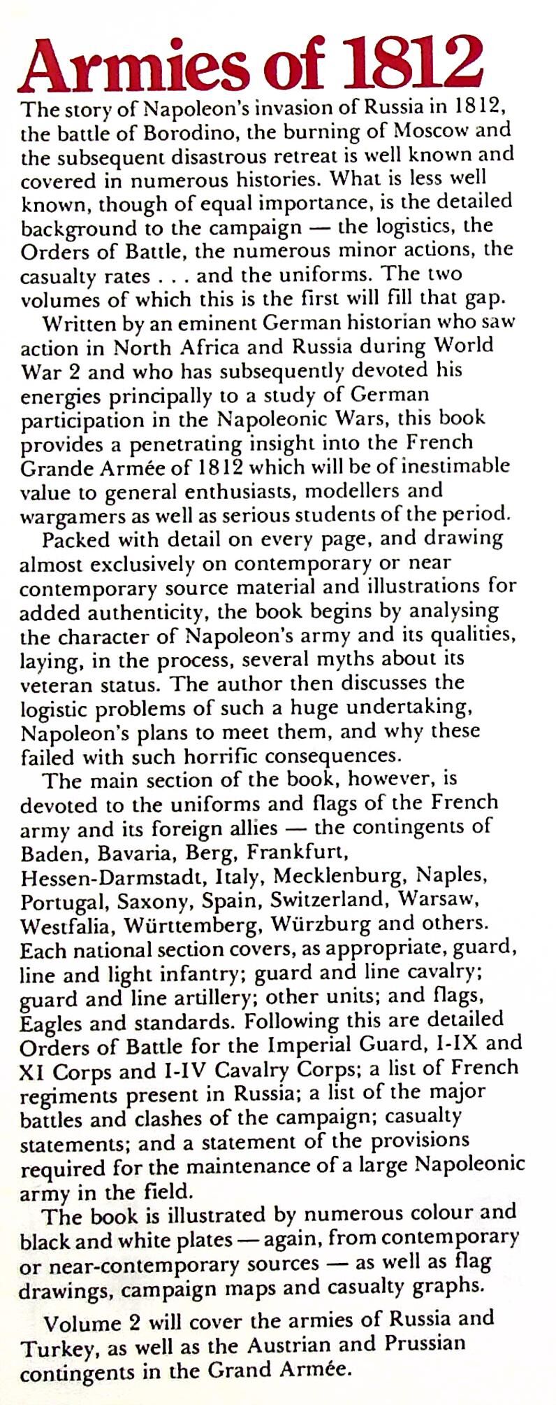Armies of 1812, Vol.1 The French Army by Otto von Pivka: NEW 1st Ed 1977 Hardback & DJ
