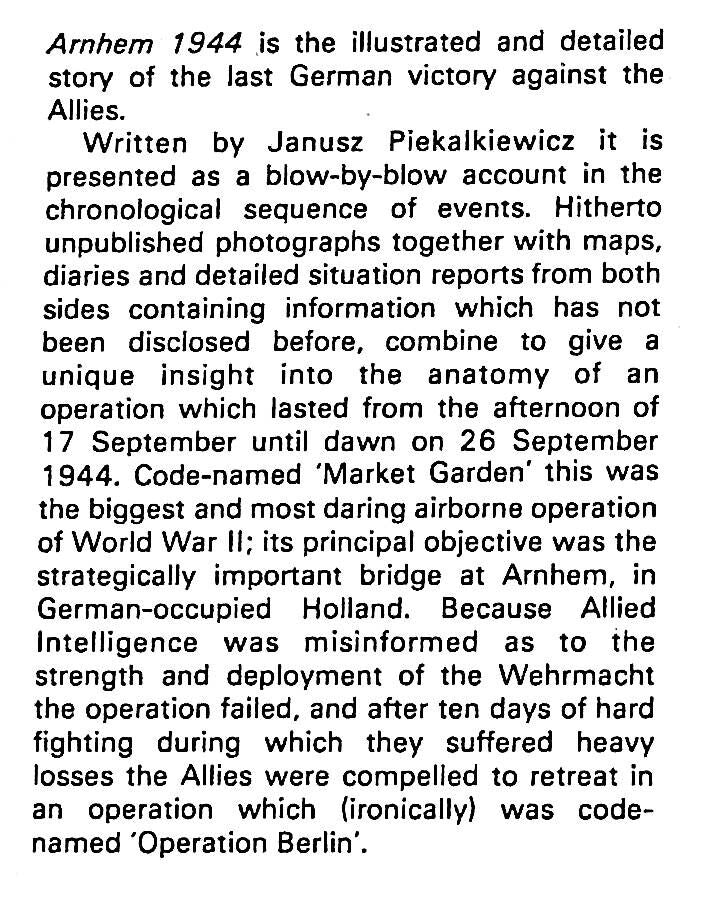Arnhem 1944 by Janusz Piekalkiewicz: 1976 First Edition Hardback
