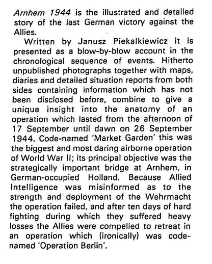 Arnhem 1944 by Janusz Piekalkiewicz: 1976 First Edition Hardback