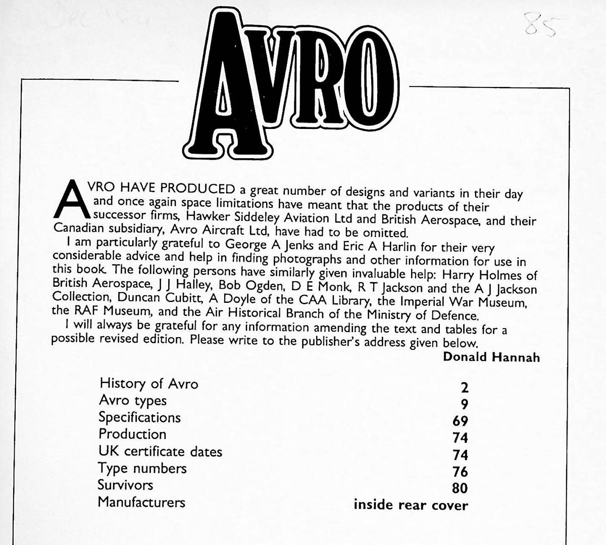 AVRO: Donal Hannah 1983 1st edition FlyPast Reference Library