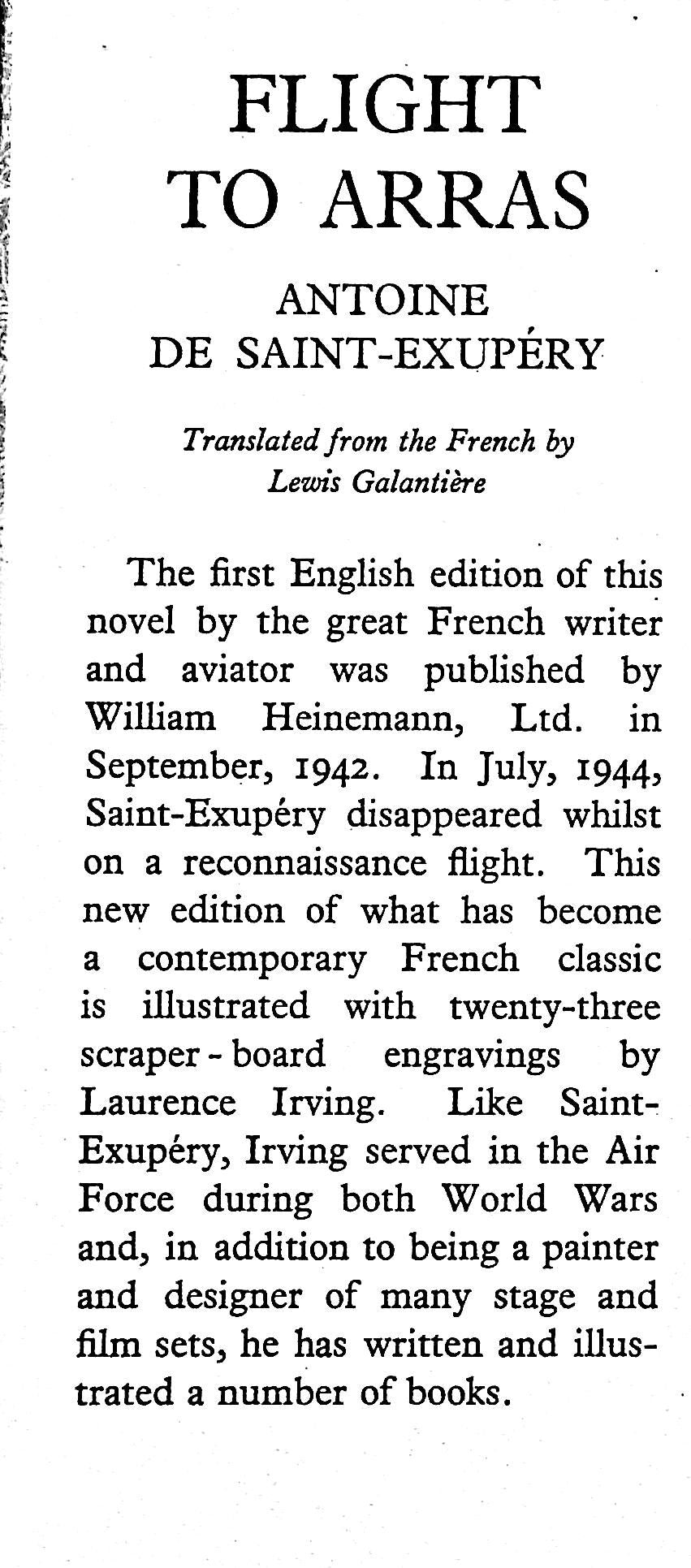 Flight to Arras: Antoine De Saint-Exupery 1955 hardback