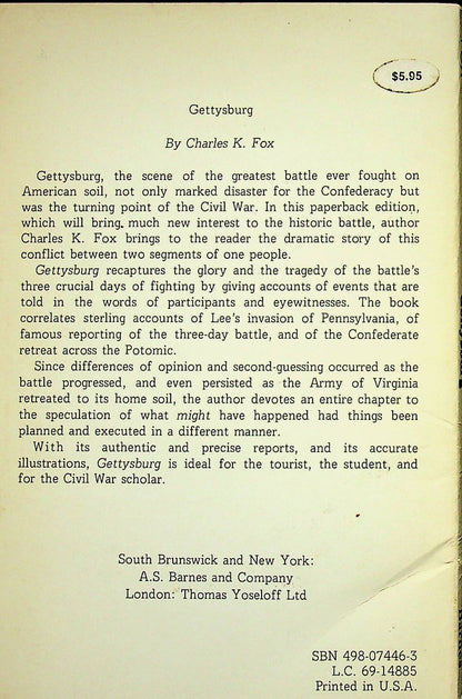 Gettysburg by Charles K.Fox: 1969 NEW 1st edition paperback