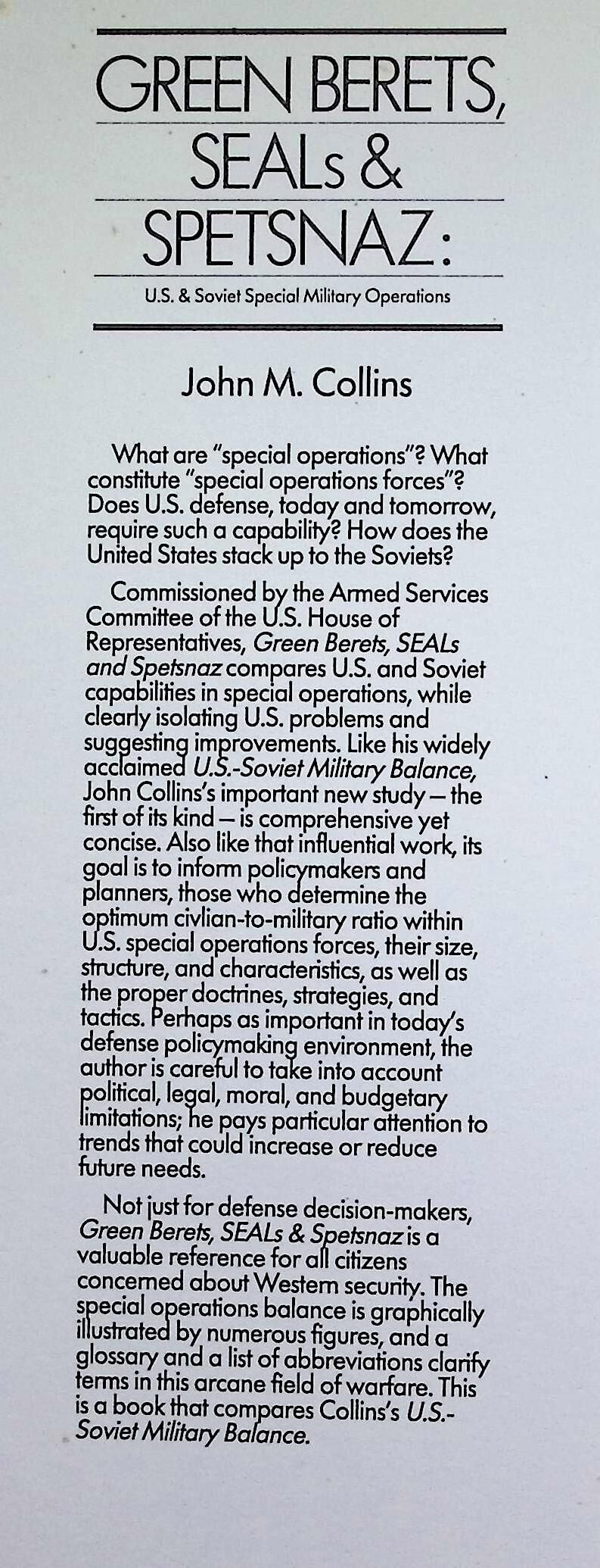 Green Berets, SEALS & Spetsnaz by John Collins: NEW 1988 Softcover Trade Paperback