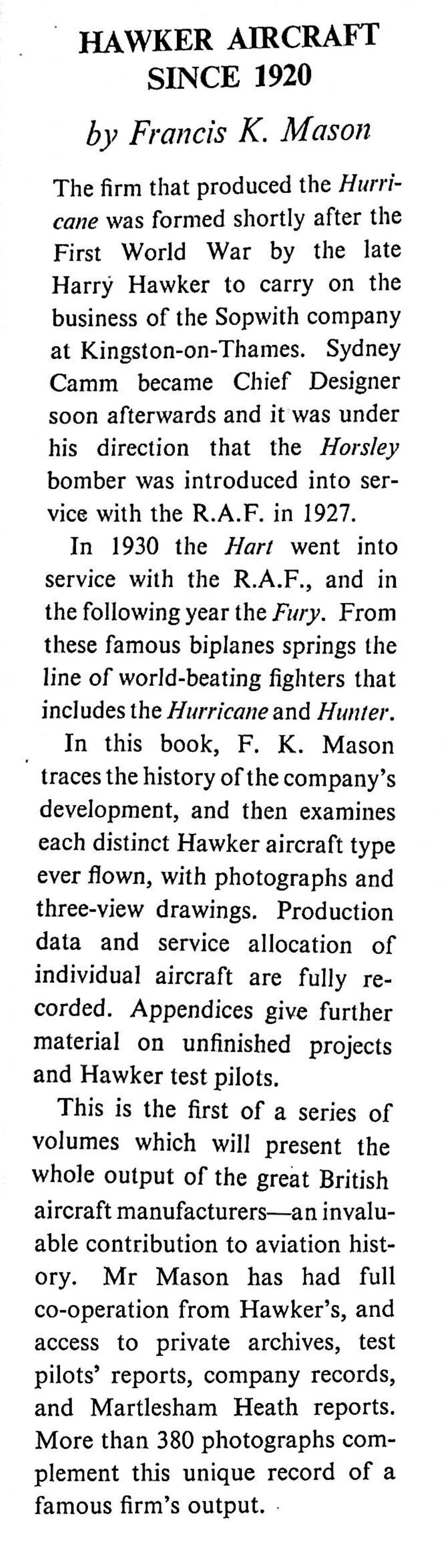 Hawker Aircraft since 1920 by FK Mason: 1961 first edition Fine