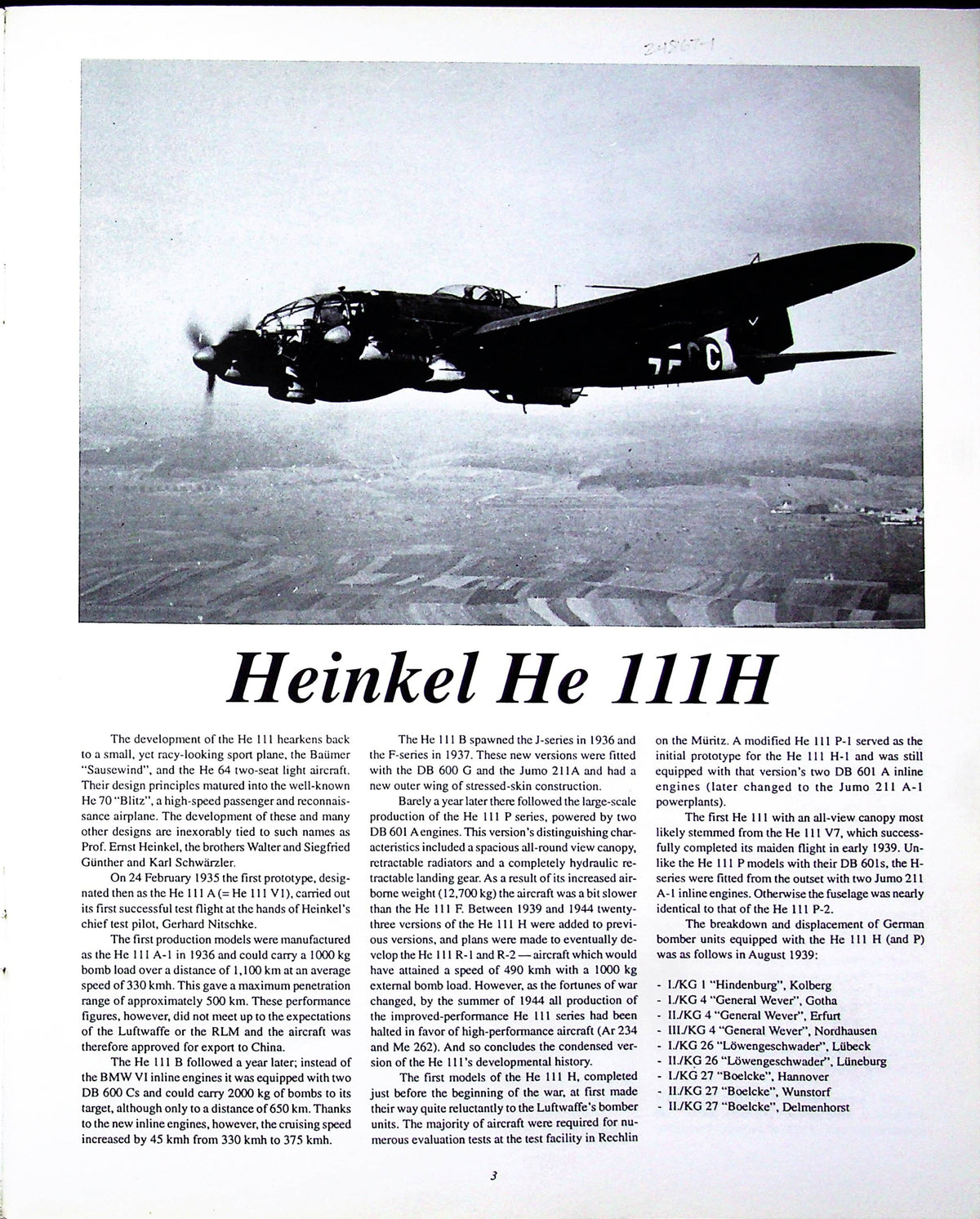 HEINKEL HE111H: Manfred Griehl 1996 paperback