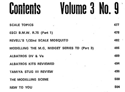 Scale Models September 1972 Vol.3 #9: BMW R.75, Mosquito, MG Midget TD Plans Pt.3, Albatros Kits, Stug III