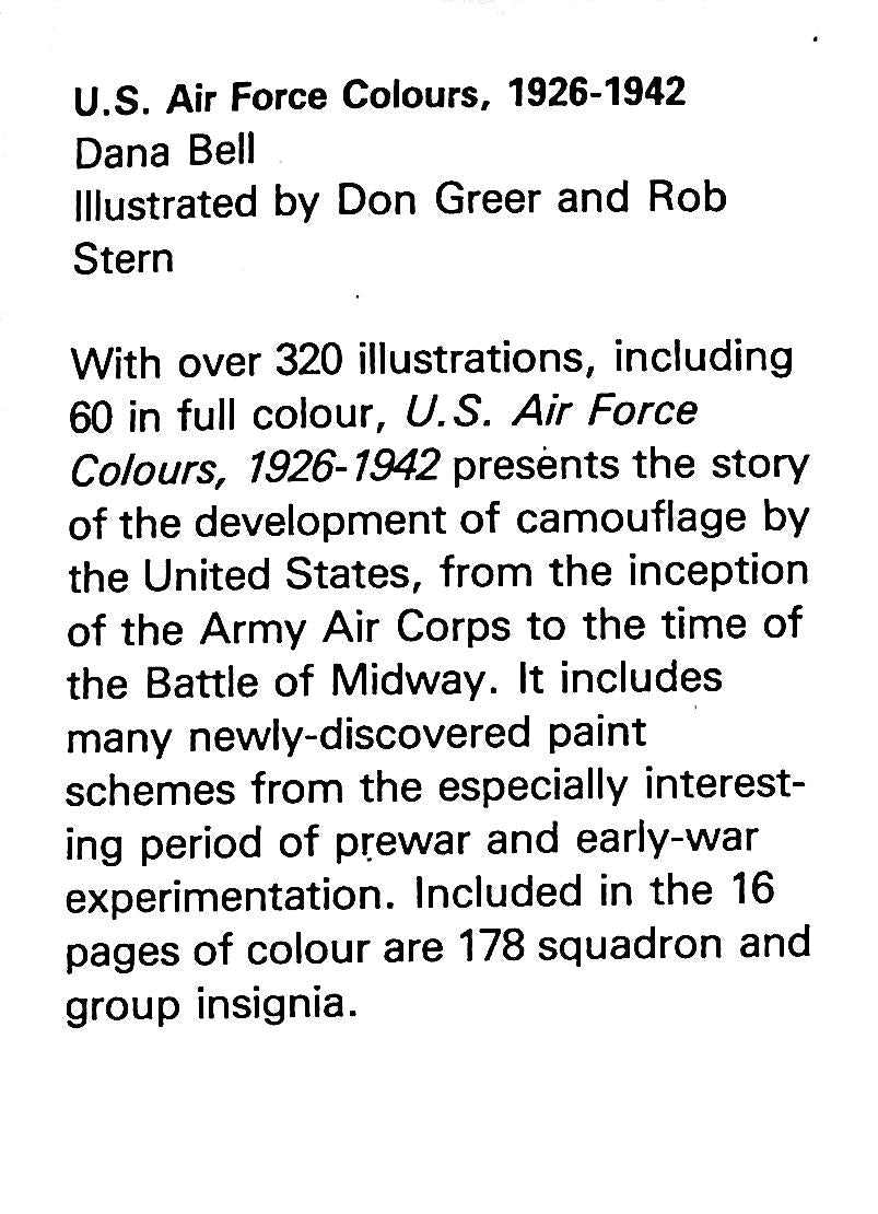 US Air Force Colours 1924 - 1942 by Dana Bell: 1979 1st Edition ONS Large Format Hardback