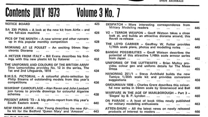 Military Modelling July 1973, Vol.3 #7:  Puma Chopper, Lifeguards, Warship Camo, V2 Rocket, Luftwaffe Uniforms, Malborough's Times