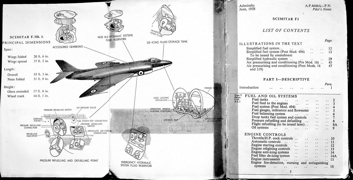 Pilot's Notes Supermarine Scimitar F.1: Original 1958 1st Edition AP 4646A, Fully Amended with 3 Sets of Illustrations