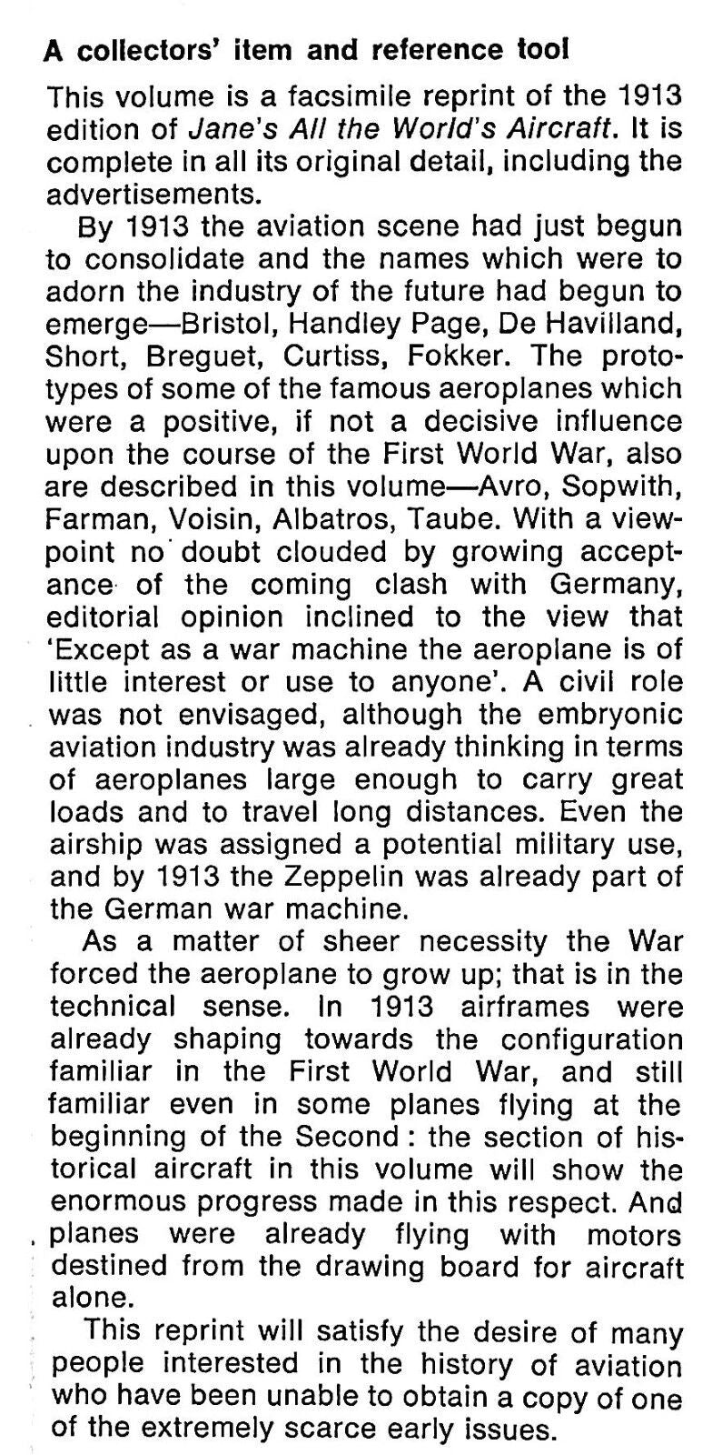 JANE'S All The World's Aircraft 1913, Reprint in by FT Jane: 1969 Hardback