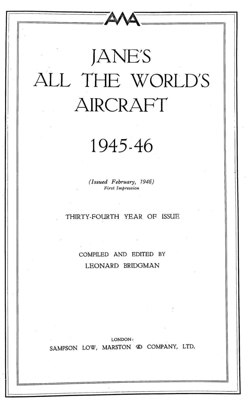 JANE'S All The World's Aircraft 1945: Collector's Ed by L Bridgman: Reprint 1994 Hardback