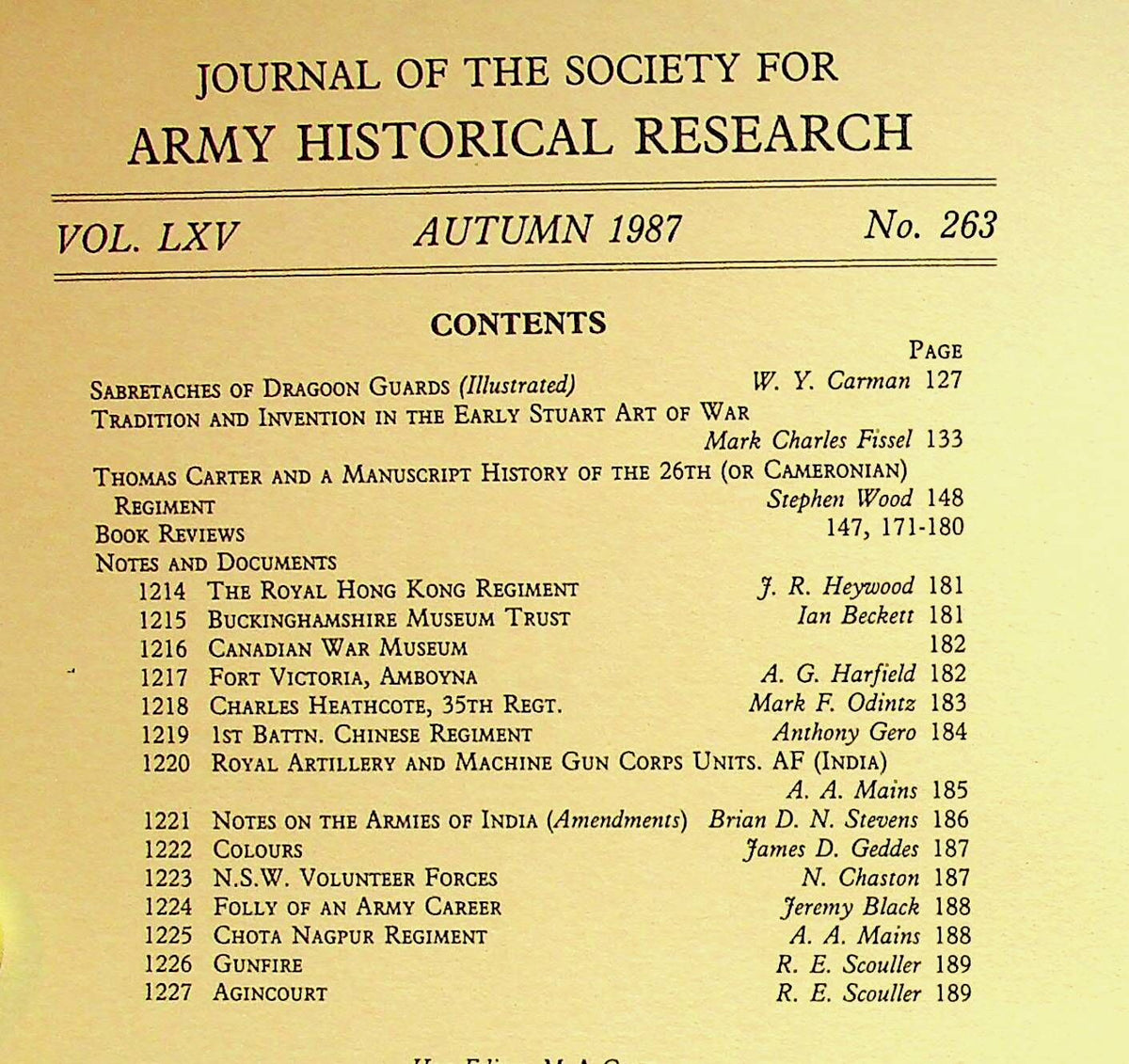 Journal of the Society for Army Historical Research, Autumn 1987; Vol. LXV #263: NEW