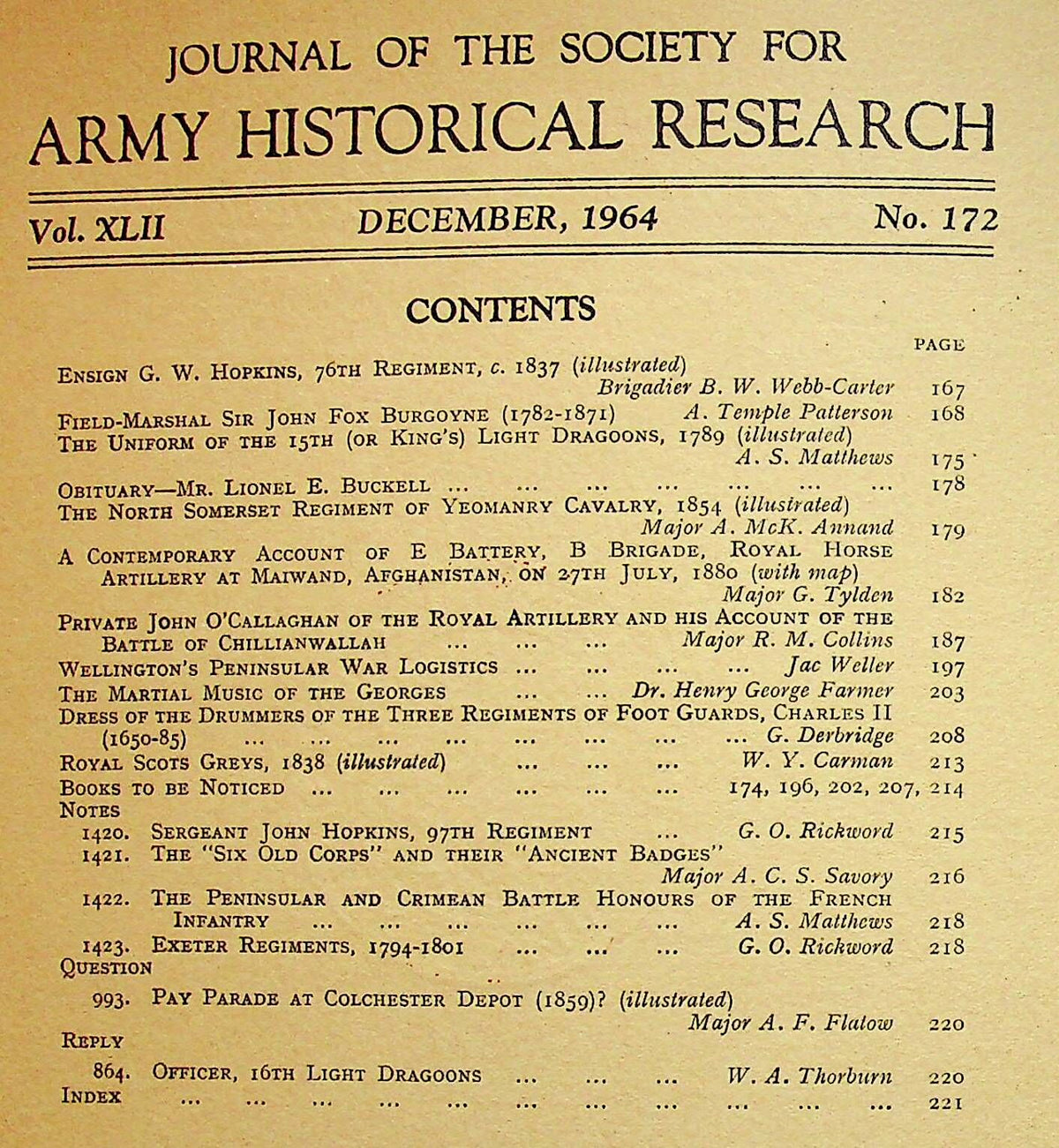 Journal of the Society for Army Historical Research, December 1964; Vol. XLIII #172: NEW