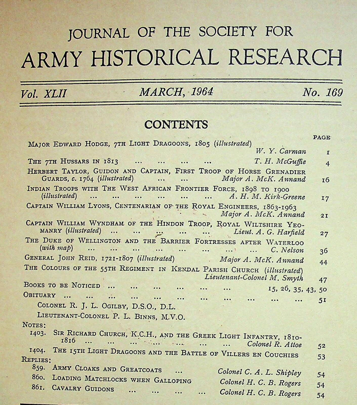 Journal of the Society for Army Historical Research, March 1964; Vol. XLII #169: NEW