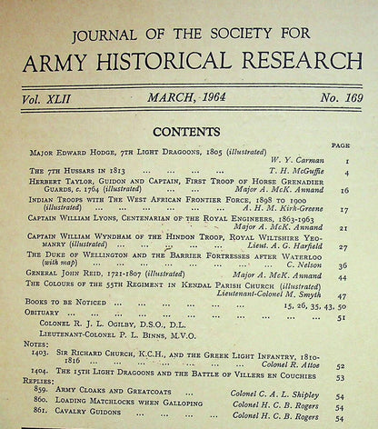 Journal of the Society for Army Historical Research, March 1964; Vol. XLII #169: NEW