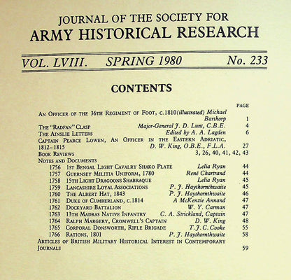 Journal of the Society for Army Historical Research, Spring 1980; Vol. LVIII #233: NEW