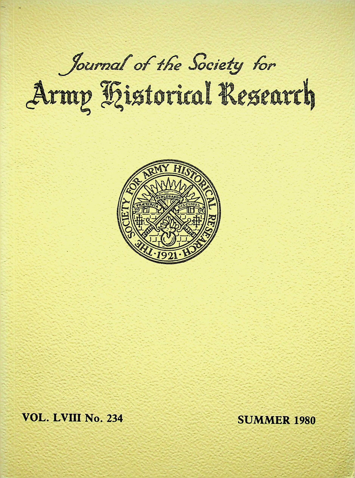 Journal of the Society for Army Historical Research, Summer 1980; Vol. LVIII #234: NEW