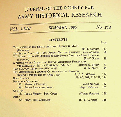 Journal of the Society for Army Historical Research, Summer 1985; Vol. LXIII #254: NEW