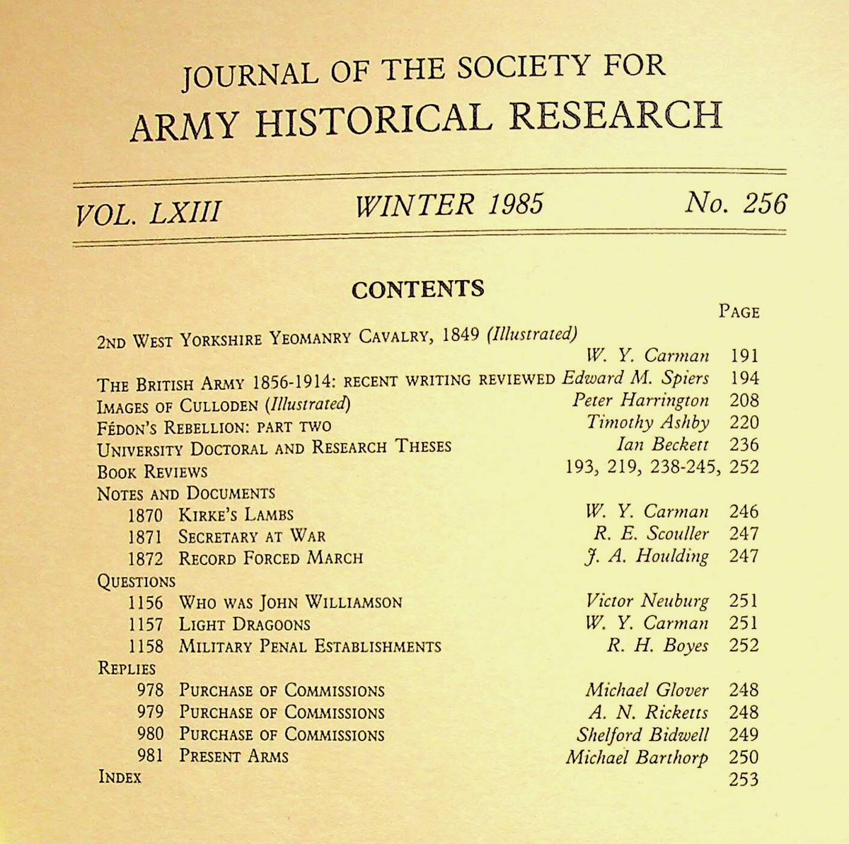 Journal of the Society for Army Historical Research, Winter 1985; Vol. LXIII #256: NEW