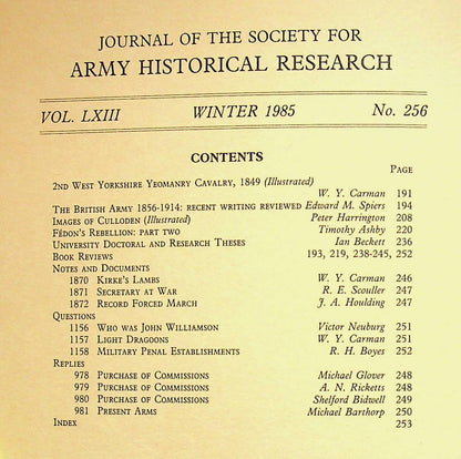 Journal of the Society for Army Historical Research, Winter 1985; Vol. LXIII #256: NEW