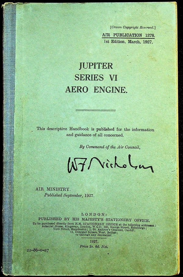 Jupiter Series VI Aero Engine AP 1278: 1st Ed 1927 RAF Handbook Hardback