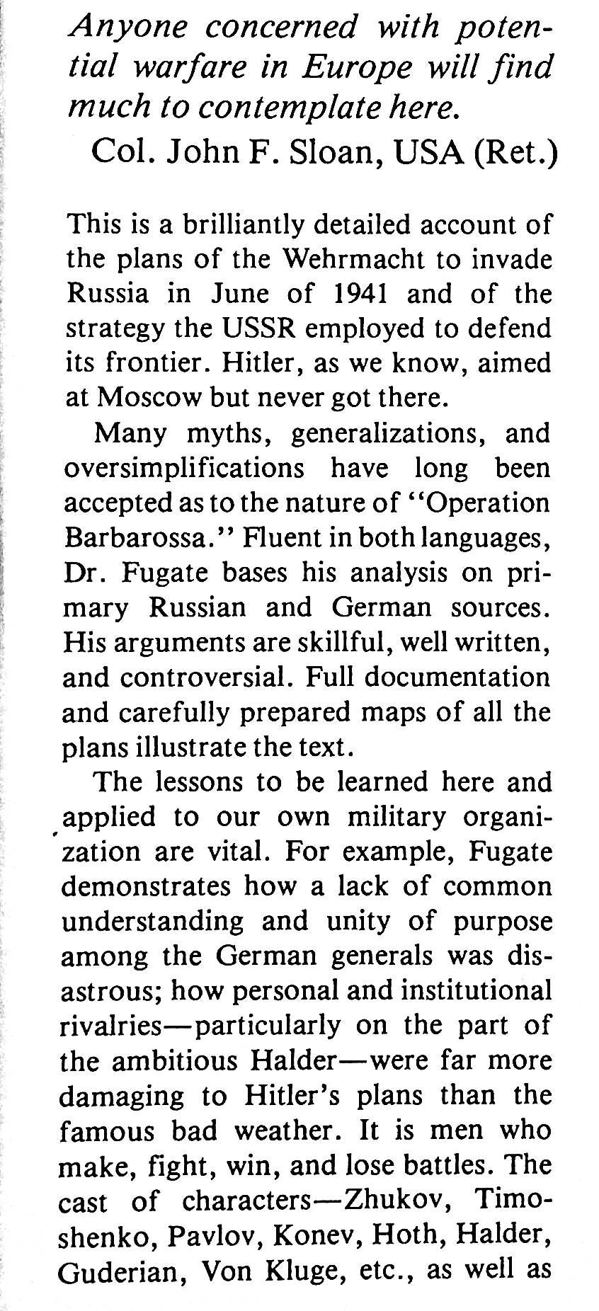 Operation Barbarossa, Strategy & Tactics on the Eastern Front by B.I.Fugate: 1984 1st Ed.