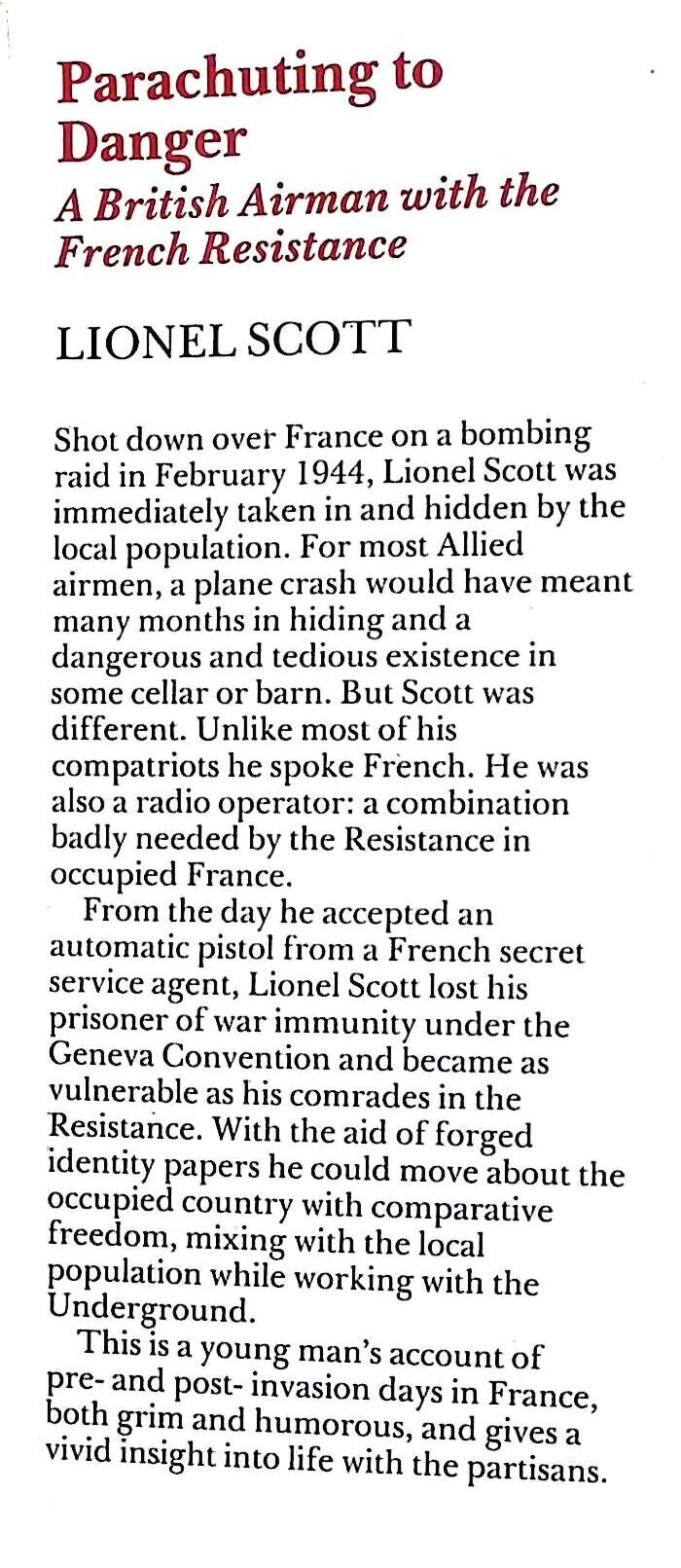 Parachuting to Danger by lionel Scott: 1988 Hardback