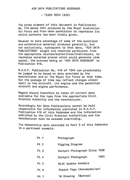 Pilot's Notes: Tiger Moth/ RAAF Publication #416/ Little Used (if at all) Facsimile