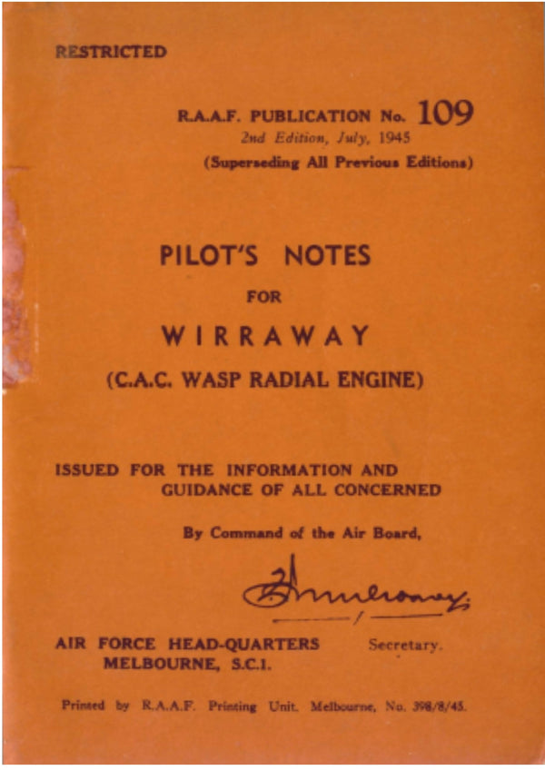PILOT'S NOTES: WIRRAWAY, CAC WASP RADIAL 58pps +FREE 2-10 PAGE INFO PACK