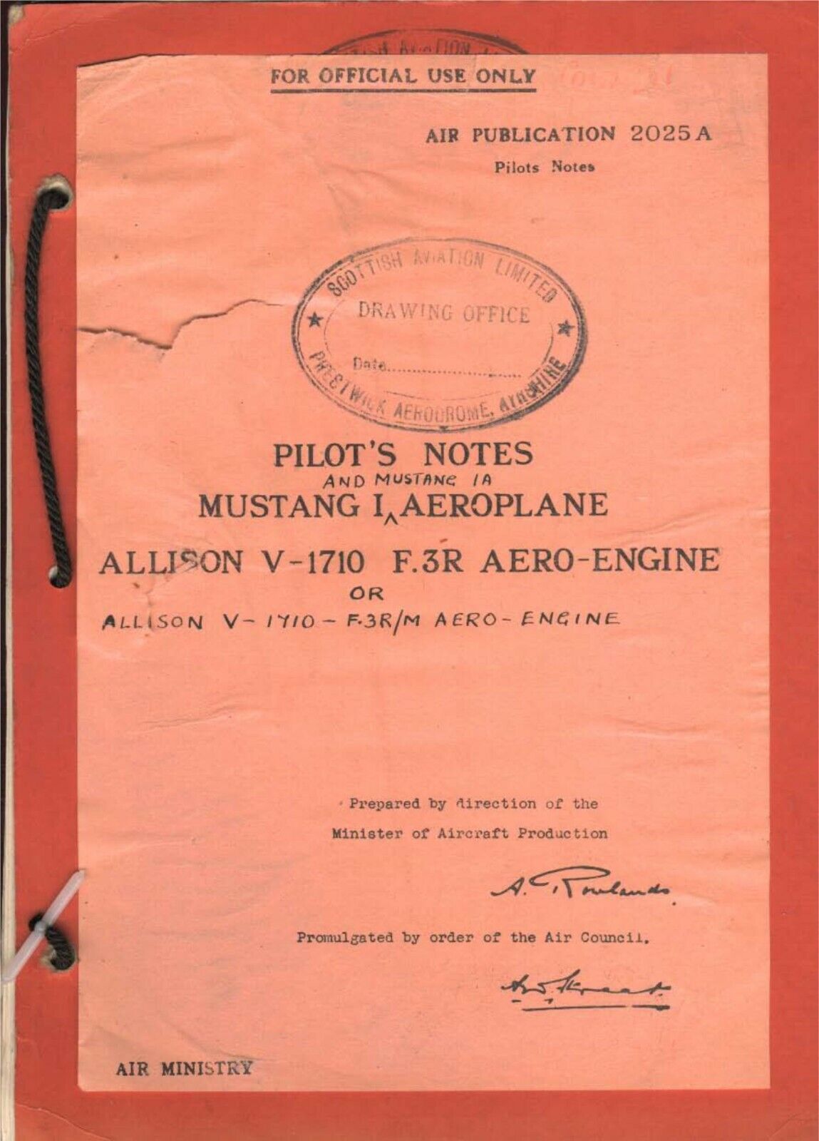 Pilots Notes: Mustang Mks I & IA US/RAF Fighter/ Allison Engine/ DOWNLOAD