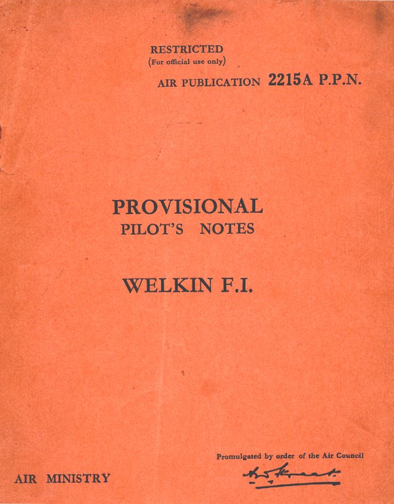 PILOTS NOTES: WESTLAND WELKIN F.I/ HIGH ALTITUDE TWIN ENGINE FIGHTER/ DOWNLOAD