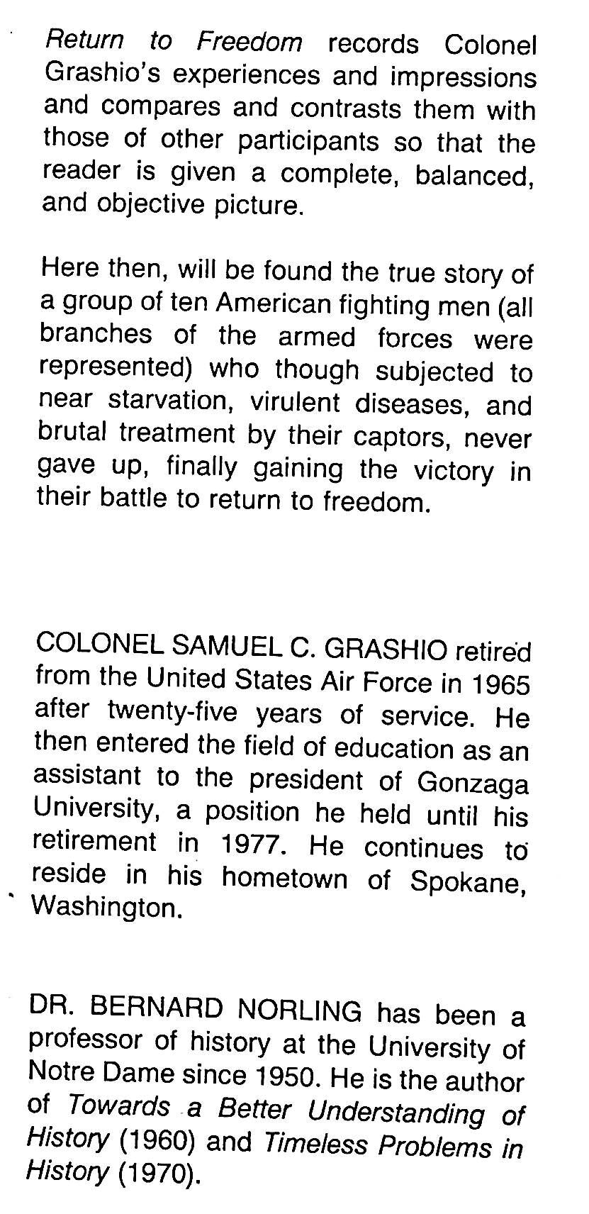 Return to Freedom by SC Grashio & B Norling: NEW 1982 First Edition Hardback