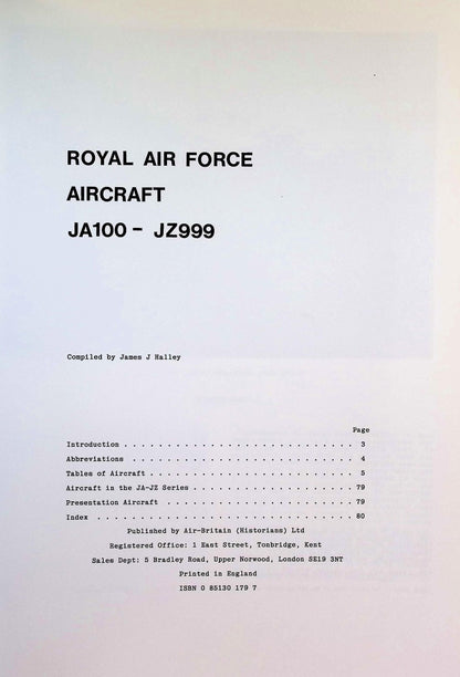 Royal Air Force Aircraft JA100 to JZ999 by James J Halley: NEW 1990 First Ed Softcover PB