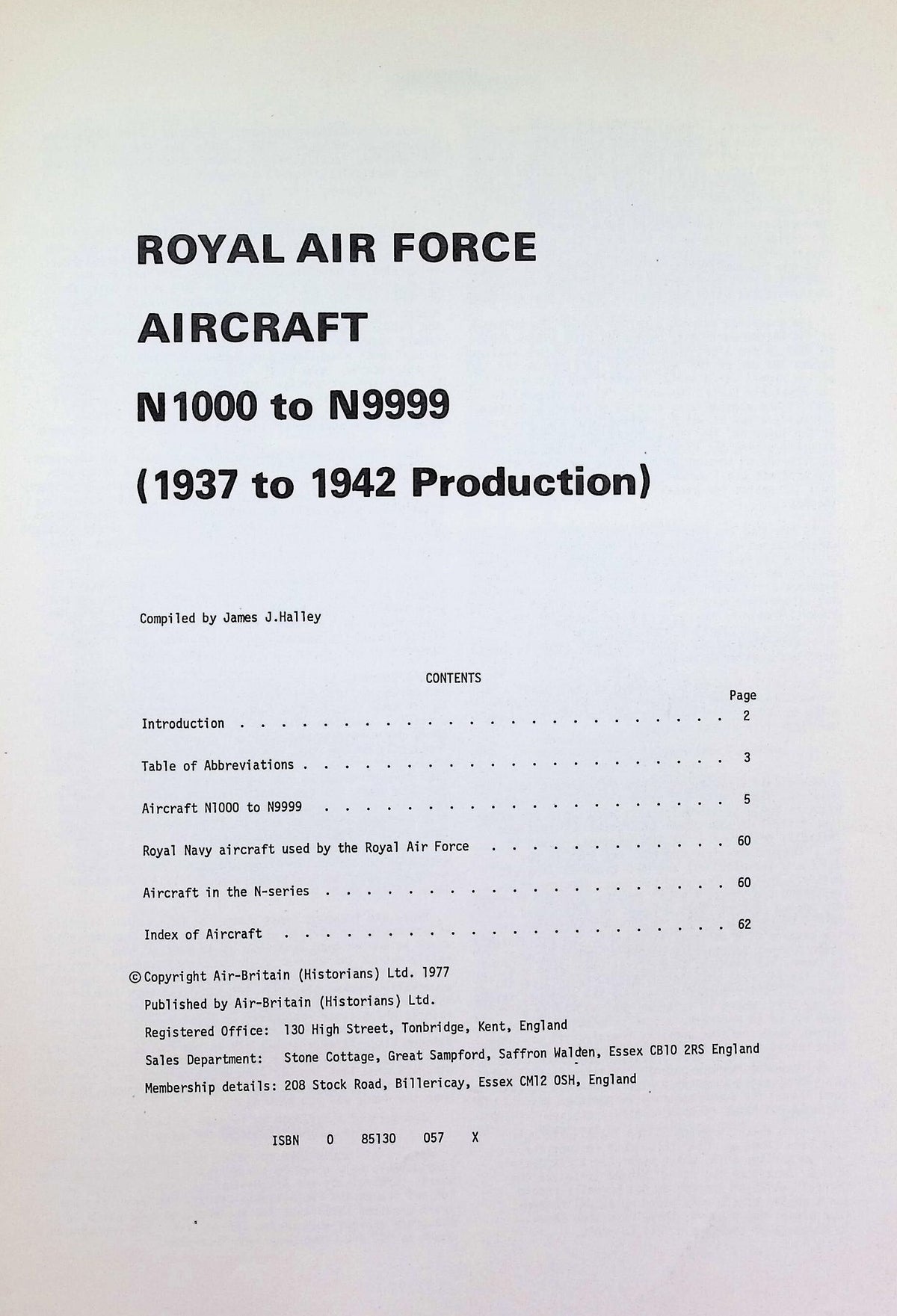 Royal Air Force Aircraft N1000 to N9999 by James J Halley: NEW 1977 First Ed Softcover PB
